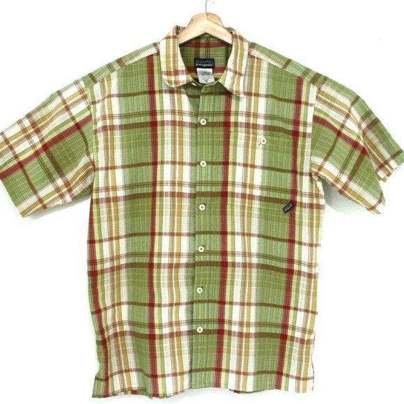 Patagonia Mens Medium Organic Cotton Green Short Sleeve Button Up Plaid Shirt - Picture 1 of 4